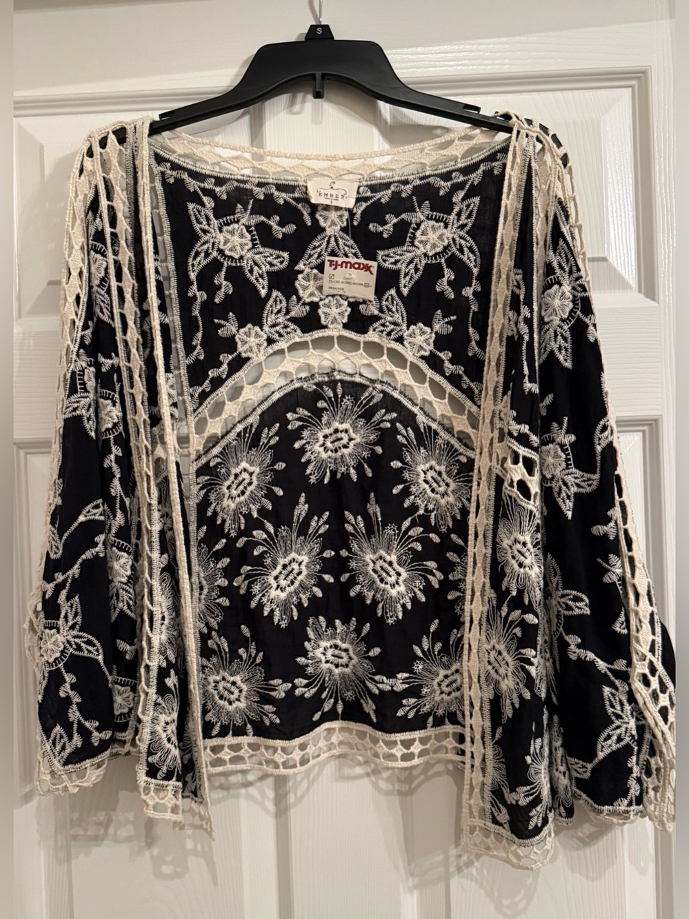New Women’s Ember Boho Black and cream Lace Floral Embroidered Open Cardigan